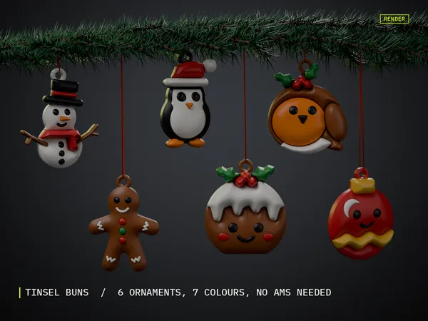 Render of my Tinsel Buns Christmas Ornaments 3D print model