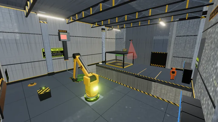 The portal room, with a yellow robot arm on a pad beside a caged test area.