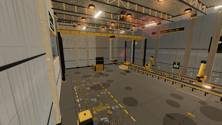 A sodium lit processing hall with conveyor belts, robot arms and a gantry crane.