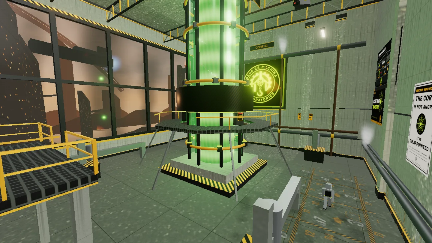 The reactor room, a tall green core ringed by catwalks under a steel roof.