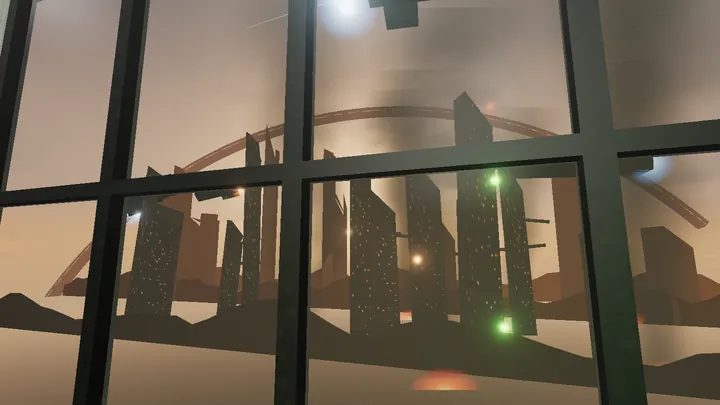 Ships drifting past a ruined skyline seen through a tall facility window.
