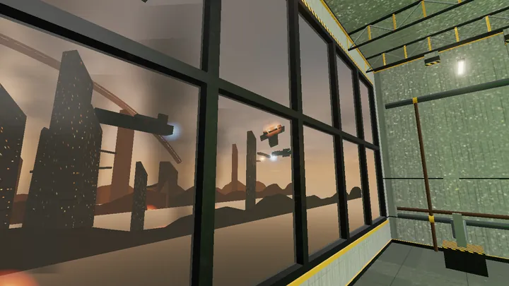 A hazy orange city of towers seen through a gridded window.